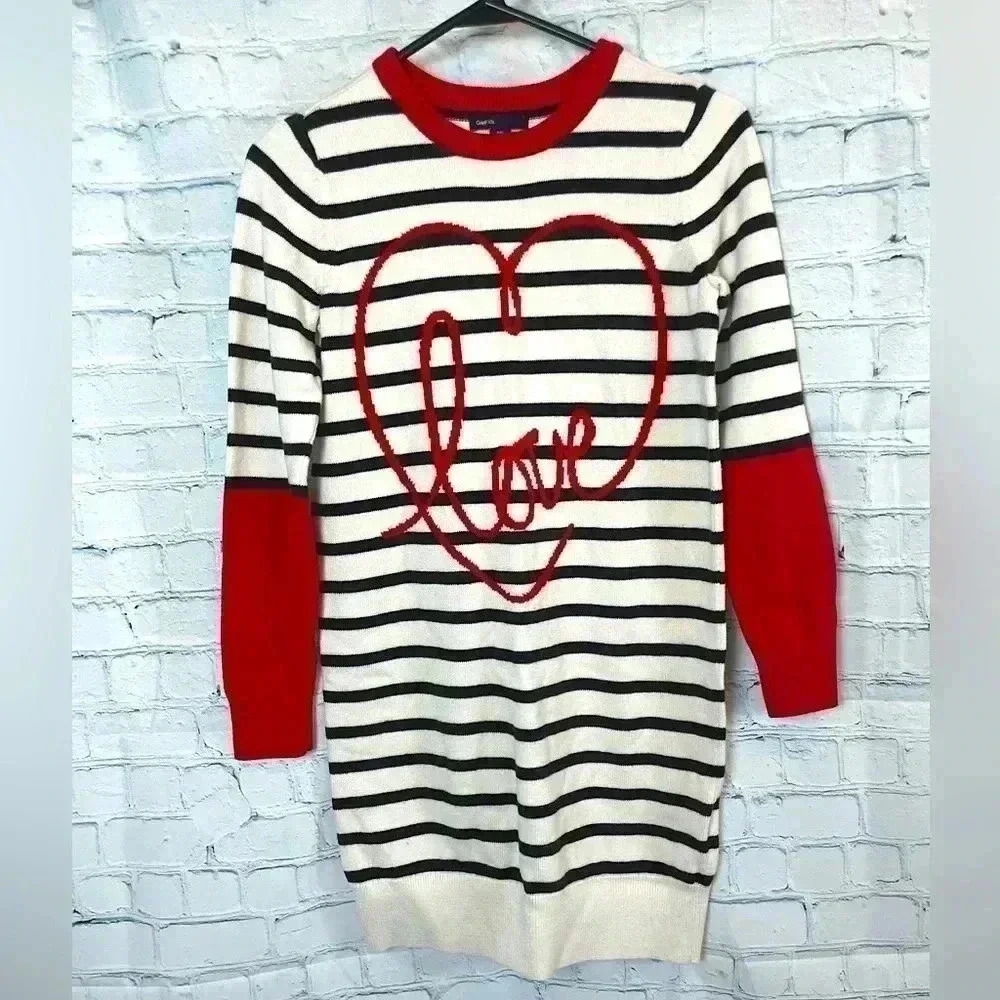 GAP Kids XXL‎ 14/16 HEART Long Sleeve Knit Sweater Dress Striped Valentine’s Day